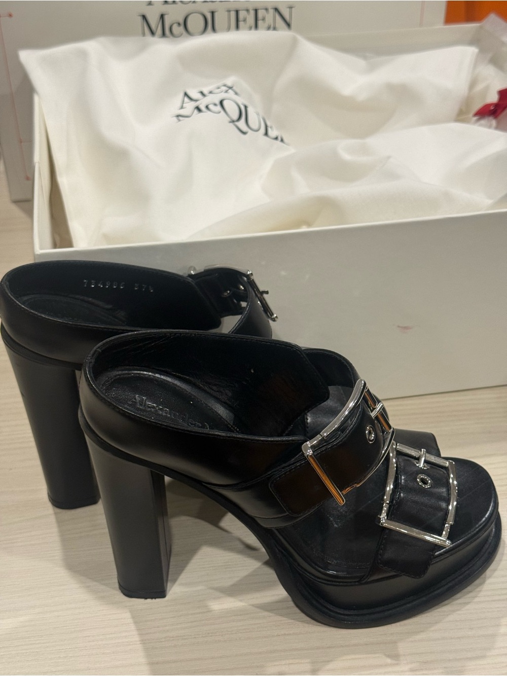 Alexander McQueen Black Leather Buckle Platform Mules